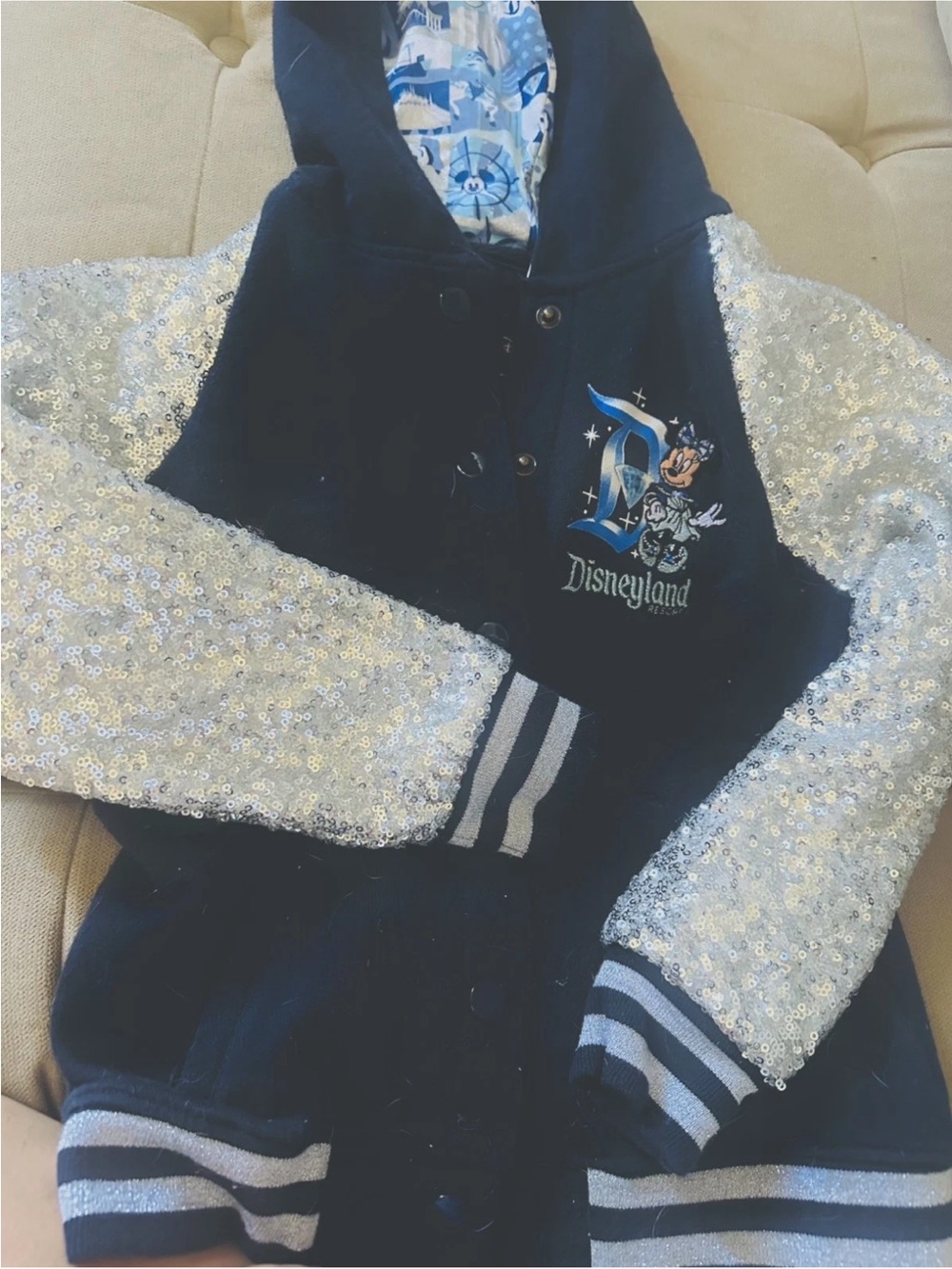 Girls Disneyland Mickey Minnie Navy Silver Sequin Letterman Jacket Sz MED